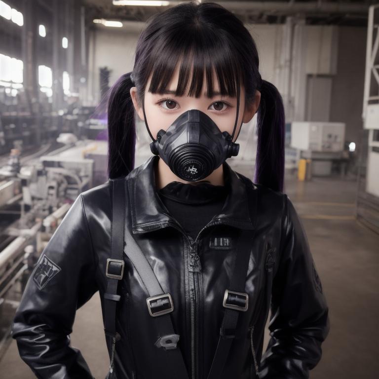 工場にいるガスマスクの少女